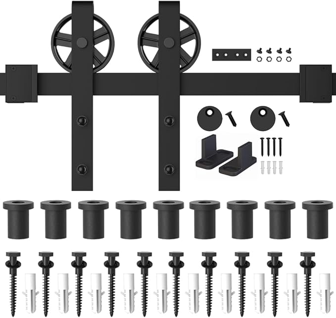 WINSOON 5-16FT Single Wood Sliding Barn Door Hardware Basic Black Big Spoke Wheel Roller Kit Garage Closet Carbon Steel Flat Track System (13FT)
