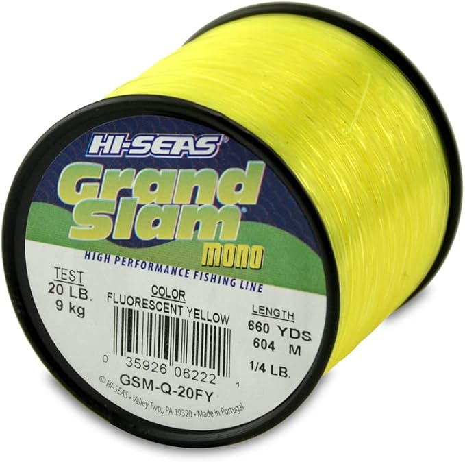 HI-SEAS Grand Slam Monofilament Fishing Line - Strong & Abrasion Resistant in Clear, Pink, Green, Smoke Blue, Fluorescent Yellow Freshwater & Saltwater – Quarter Pound Spool