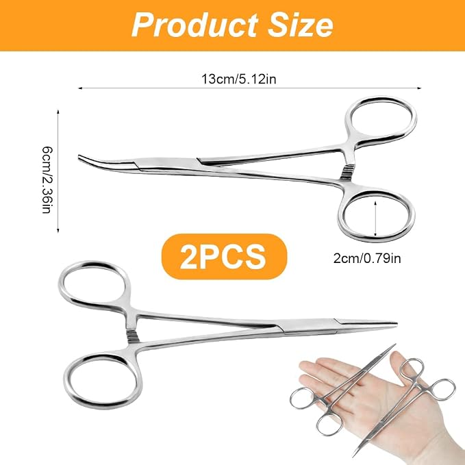 Ainiv 2 Piece Hemostat Curved and Straight Stainless Steel Self-Locking Fishing Forceps Piercing Remover Tool Piercing Grabber Tool for Nurses Pet Grooming Care Fishing DIY Crafting(5")