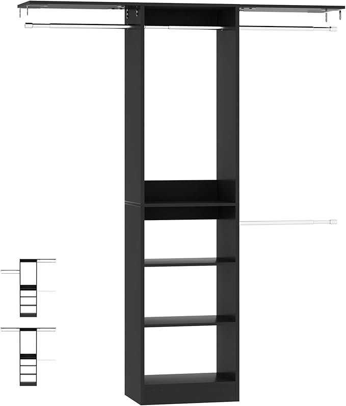 Cyclysio 4FT Small Closet System, 80"H Closet Organizer System with 4 Closets Rods & 3 Shelves, 48" Closets Organizers and Storage for Small Bedrooms, Laundry Rooms, Cloakrooms, Black