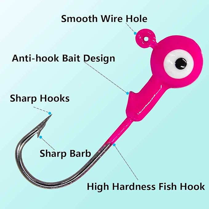 50pcs Fishing Jig Head Hooks kit, Round Ball Fishing Jigs with 3D Eyes Carbon Steel Hooks for Soft Lures Bass Freshwater Saltwater 1/8oz 1/6oz 1/4oz 1/16oz 1/35oz