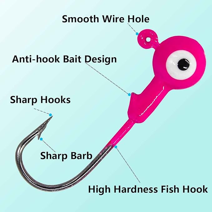 50pcs Fishing Jig Head Hooks kit, Round Ball Fishing Jigs with 3D Eyes Carbon Steel Hooks for Soft Lures Bass Freshwater Saltwater 1/8oz 1/6oz 1/4oz 1/16oz 1/35oz