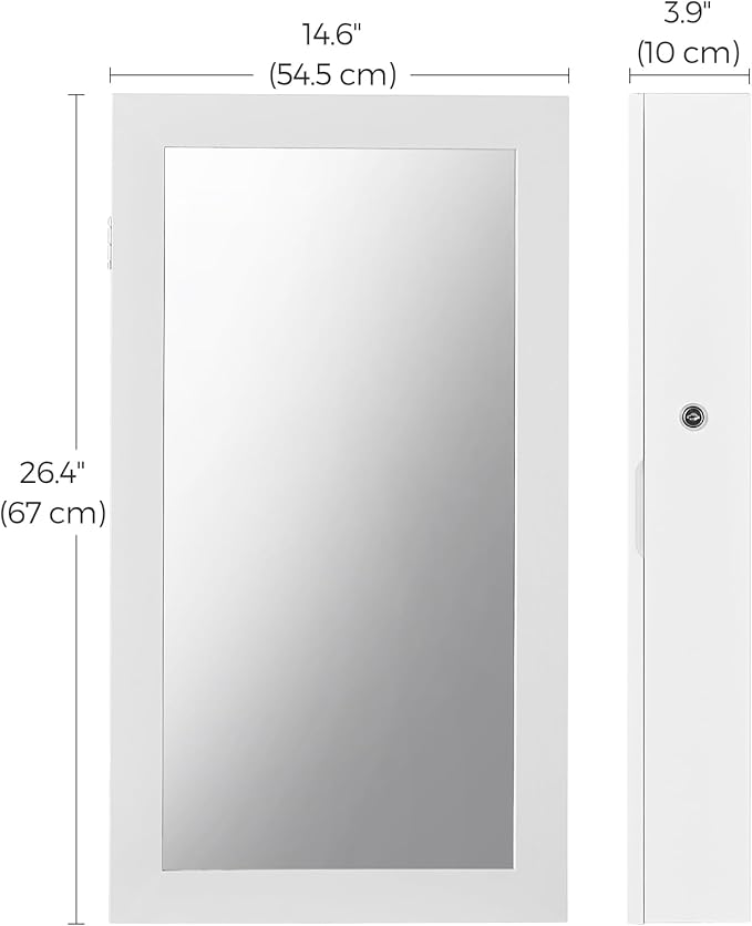 SONGMICS Lockable Jewelry Cabinet Armoire with Mirror, Wall-Mounted Space Saving Jewelry Storage Organizer, White UJJC51WT