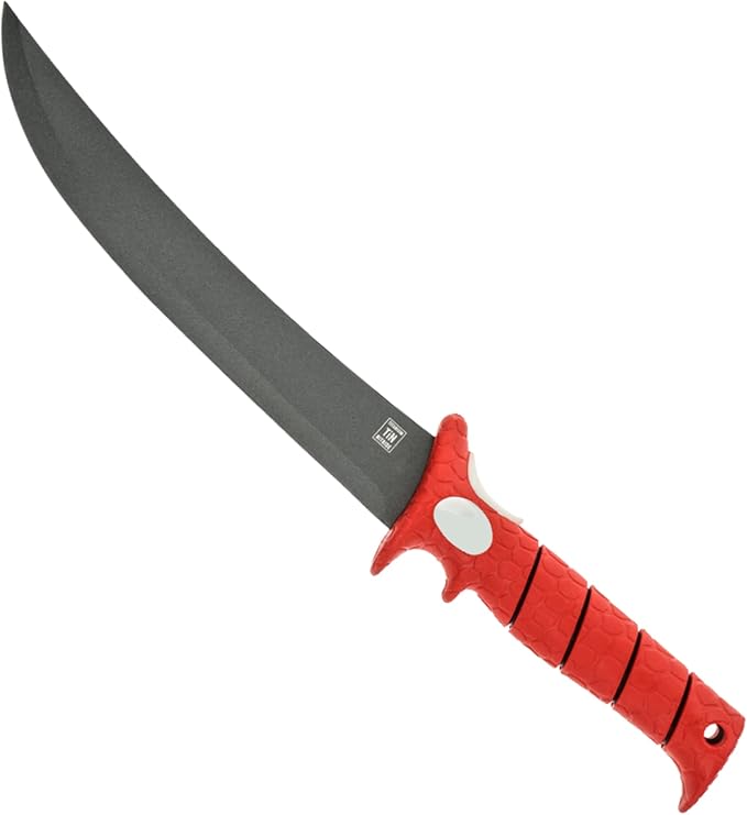BUBBA 9 Inch Stiff Fillet Knife with Non-Slip Grip Handle, Full Tang Beveled Sushi Style Stainless Steel Non-Stick Thick Blade, Lanyard Hole and Synthetic Sheath for Fishing, Hunting and Cooking