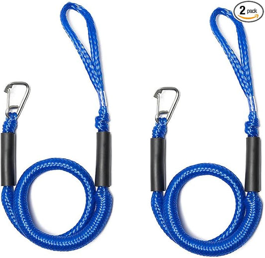 Bungee Dock Line with Stainless Steel Clip – Boat Dock Rope with Foam Float for Kayak, Canoe, Pontoon, Watercraft, SeaDoo, Docking – 4–5.5 ft, 2 Pack（Blue）