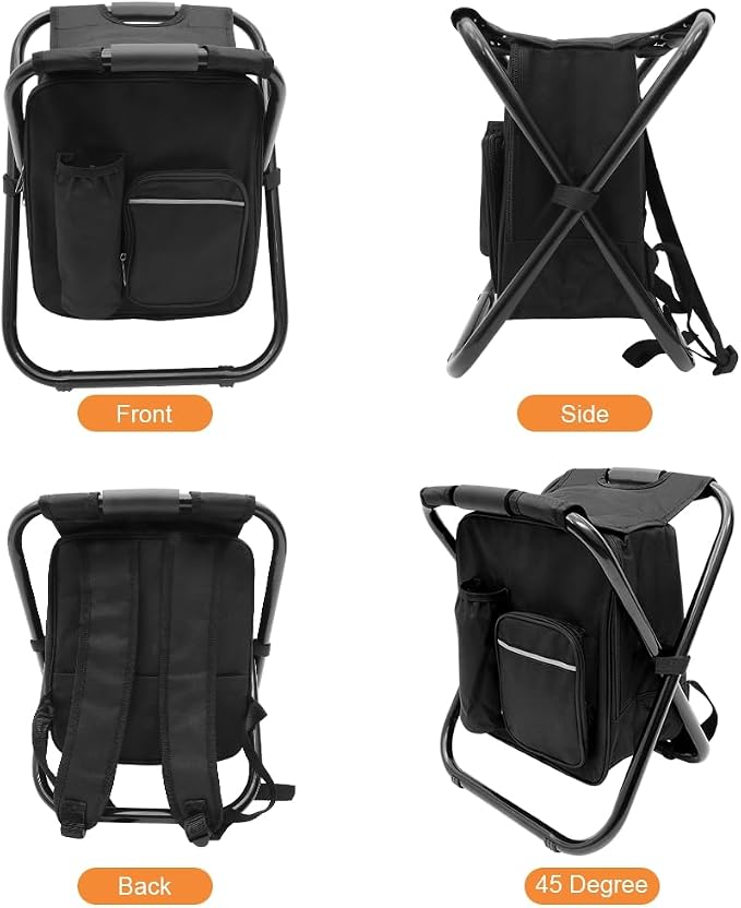 YESIACE Portable Folding Camping Stool, Backpack with Cooler Bag, Hiking Seat, Outdoor Fishing Hunting Gifts, Black