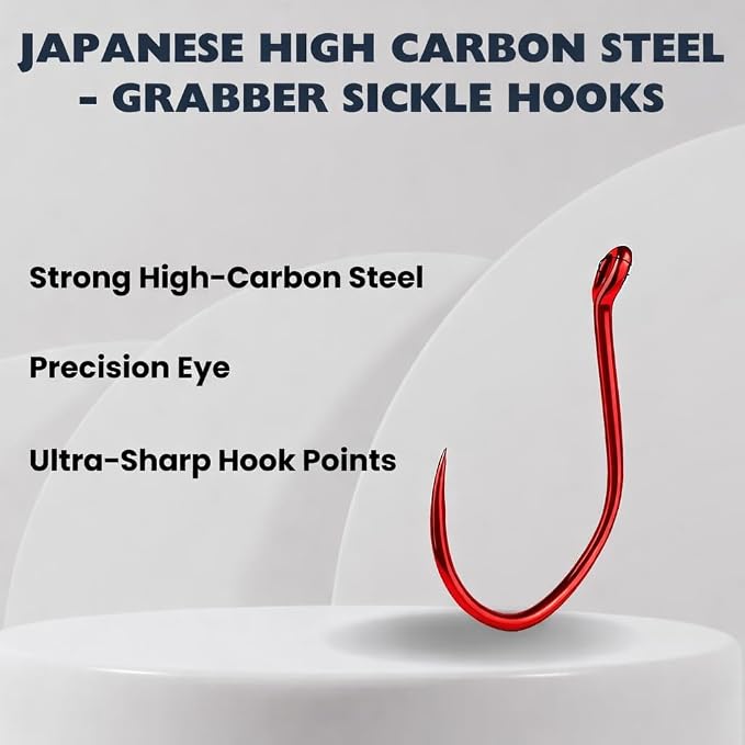Maruto Barbless Grabber Sickle Fishing Hooks, Strong Japanese High Carbon Steel, Sizes #1 to 5/0, Black, Red & Pink
