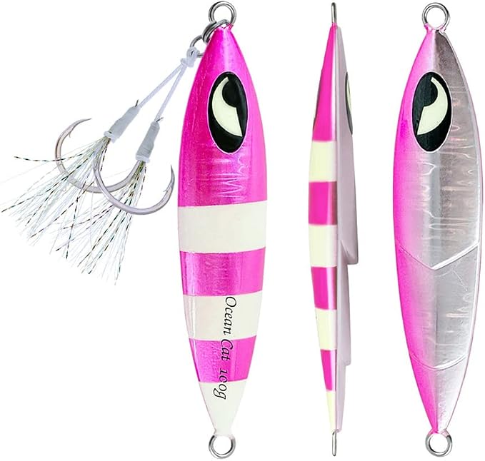 OCEAN CAT Lead Metal Flat Slow Fall Pitch Fishing Jigs Lures Sinking Vertical Jigging Bait with Butterfly Hook for Saltwater Fishing