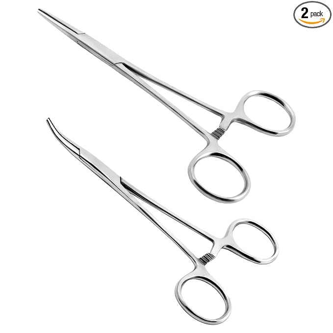 Ainiv 2 Piece Hemostat Curved and Straight Stainless Steel Self-Locking Fishing Forceps Piercing Remover Tool Piercing Grabber Tool for Nurses Pet Grooming Care Fishing DIY Crafting(7")