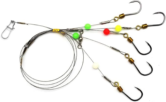 Fishing Hook with Leader,5 Hooks Fishing Rig-7 Strands Nylon Coated Fishing Leader with Swivle,Snap,Hooks