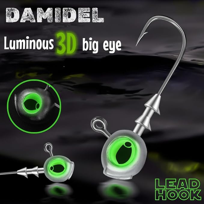 50Pcs/Box Swimbait Jig Heads Fishing Hooks with 3D Eye，4 Sizes（1/4oz.3/8oz,1/5oz. 1/8oz Mixed，Automatic stabilization Head Design/Luminous,Bass Freshwater&Saltwater