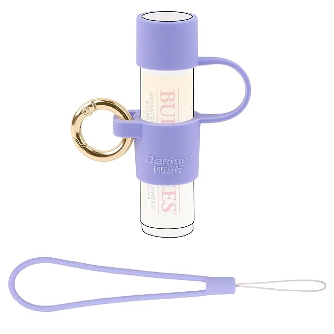 Silicone Chapstick Holder with Cap Cover, 0.6'' Diameter Portable Lip Balm Holder Key Chain Sleeve Chapstick Keychain Holder with Wrist Strap Lanyard - Purple