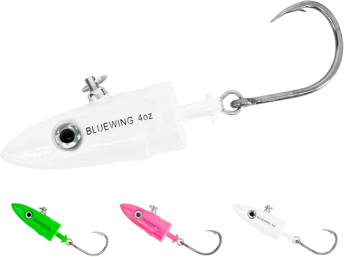 BLUEWING Jig Heads Saltwater 2oz,3oz,4oz,5oz,6oz,7oz Swimming Jigheads 1pc with High Carbon Steel Swing Hook and 6in/9in Replacement Tail Big Game Fishing Lures