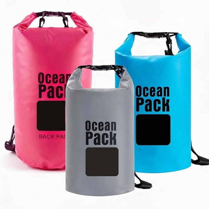 Waterproof Dry Bag Set of 3 (15L 20L 30L) - PVC Roll Top Dry Bags Waterproof - Backpack for Kayaking, Camping, Beach & Travel (Pink, light blue, gray)