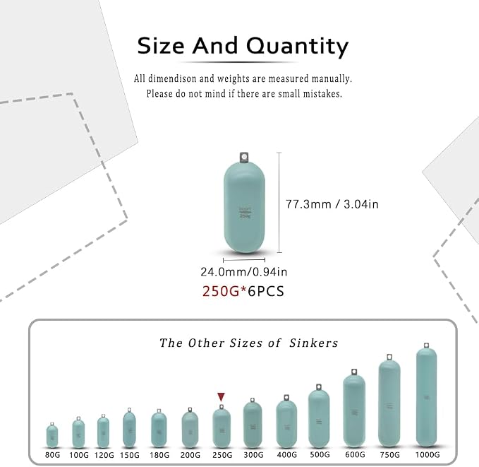 Lead Free Fishing Weights Sinkers 80g-1000g Coated Raindrop Weights Bank Sinkers Cylindrical Deep Drop Weights Assorted Sizes Bag Non-Lead Fishing Weights Saltwater for Bottom Fishing
