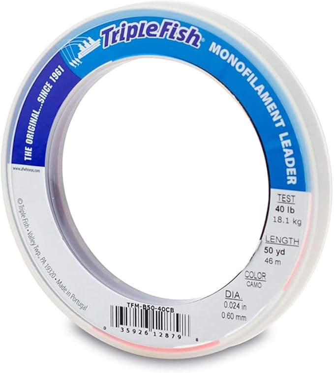 Triple Fish Monofilament Fishing Leader - Clear, Camo Strong Tough Leader Material for Big Game Fishing, Up to 400lb Test