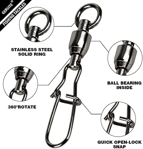 Duo Lock Snap Fishing Swivels Ball Bearing Fishing Tackle Snap Swivels Free Rotation Fishing Line Connectors Ball Bearing Swivels Black Nickel for Saltwater Freshwater Fishing