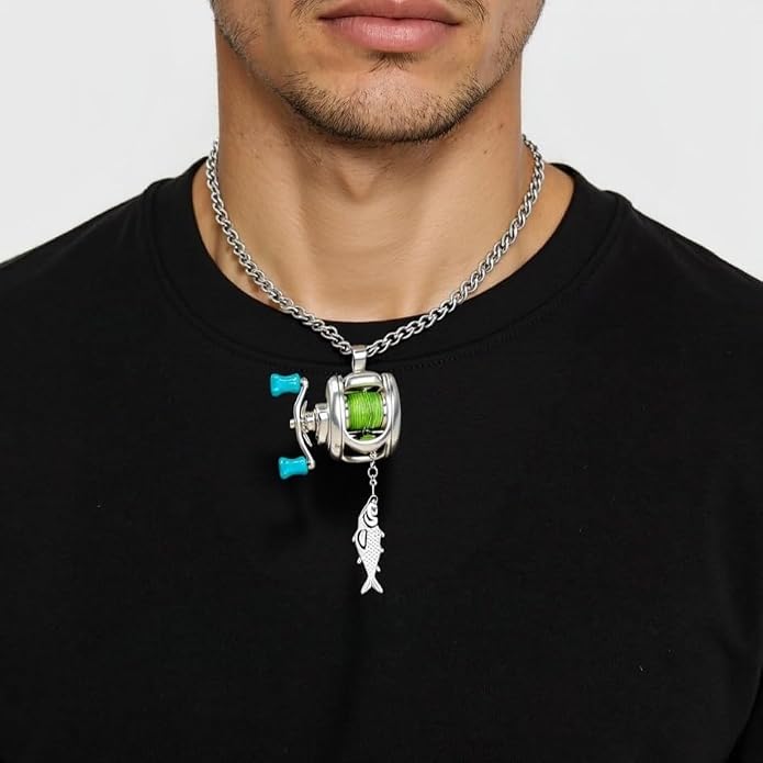 Fishing Reel Necklace, Mini Fishing Reel Necklace with Rotating Handle & Moving Line Guide, Unique Fishing Gear Keychain Spinning Reel Key Holder