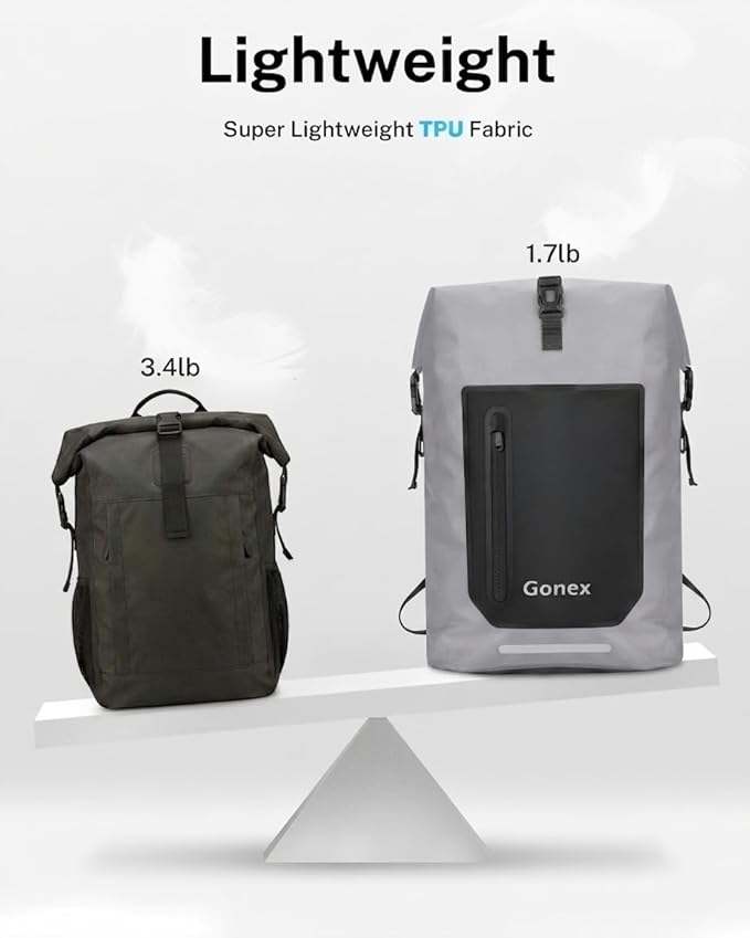 Gonex Ultralight Waterproof TPU Backpack, 35L Roll Top Dry Bag with Comfortable Padded Back Panel for Kayaking Boating Camping Fishing Travel,Grey