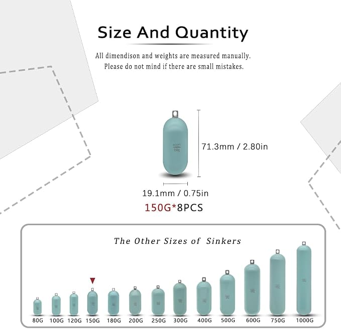 Lead Free Fishing Weights Sinkers 80g-1000g Coated Raindrop Weights Bank Sinkers Cylindrical Deep Drop Weights Assorted Sizes Bag Non-Lead Fishing Weights Saltwater for Bottom Fishing