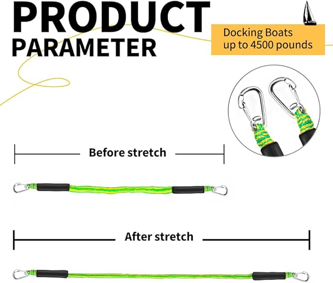 Bungee Boat Dock Line, Boat Rope with Double 316 Stainless Steel Clips Accessories for Bass Boat, Kayak, Pontoon, Watercraft, Waverunner, SeaDoo, Canoe,2Packs,4-6FT, Yellow&Green