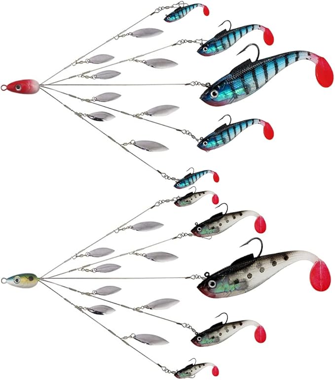 5 Arms Alabama Rig Fishing Lure, Umbrella Rig with Spinner for Striper, A-Rig for Boat Trolling Frashwater/Saltwater, with Soft Swimbait and Hooks for Bass Crappie Walleye Pickerel Trout Perch
