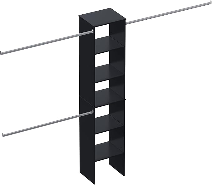 ROOMTEC Closet System, 17" Wide Wall-Mounted Closet Organizer Kit with Wood Storage Tower and 3 Hanging Rods, Wardrobe Closet System for Walk-In Closets, Black