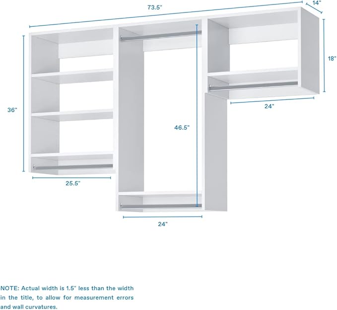 Closet Kit with Hanging Rods - Corner Closet System - Closet Shelves - Closet Organizers and Storage Shelves (White, 75 inches Wide) Closet Shelving