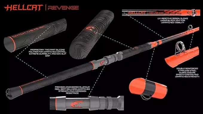 Orange Hellcat Revenge Rod Series – Durable, Lightweight Composite Fishing Rod, Non-Slip Silicone Grip, Aluminum Reel Seat, Smooth Casting, Break-Resistant Tip.