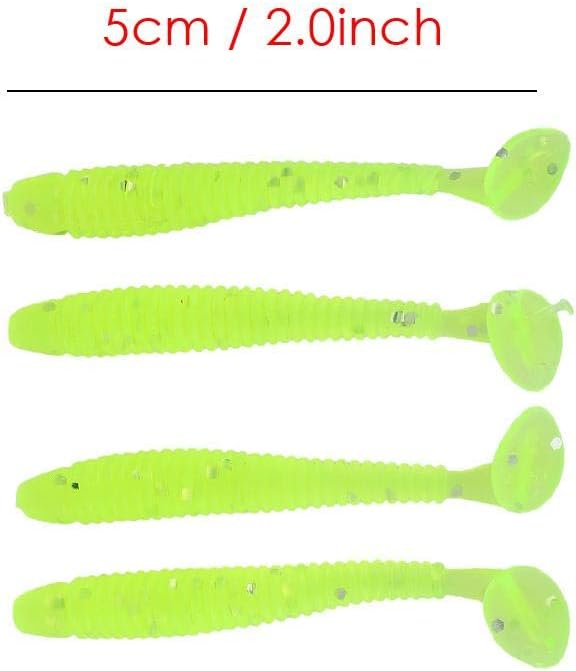 Tbest 50 Pcs 5cm Soft Fishing Lures, Plastic Fishing Bait T-Tail Grub Worm Baits Fish Tackle Accessory 9 Colors