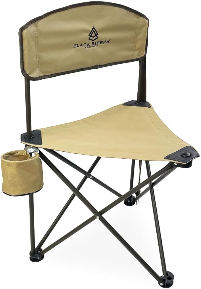 Black Sierra Tri-Lite Folding Stool with Backrest & Cup Holder, Lightweight Portable Hunting Fishing Chair with Carry Strap, Collapsible Outdoor Tripod Seat Supports 225 lbs