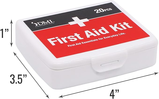 DMI First-Aid Kit, Mini 20-Piece, Small and Compact All-Purpose Use for Minor Cuts and Scrapes, Durable Water-Resistant Case, Portable, White