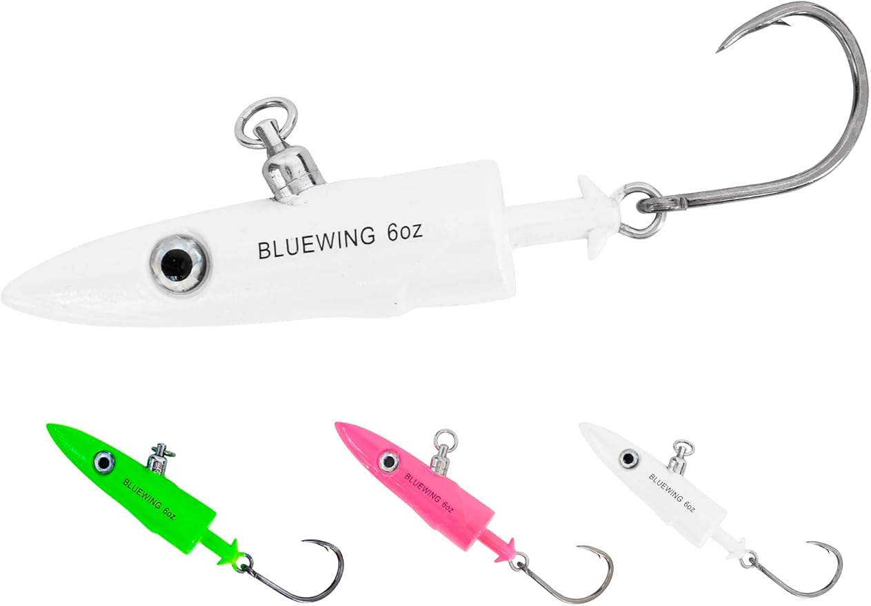 BLUEWING Jig Heads Saltwater 2oz,3oz,4oz,5oz,6oz,7oz Swimming Jigheads 1pc with High Carbon Steel Swing Hook and 6in/9in Replacement Tail Big Game Fishing Lures