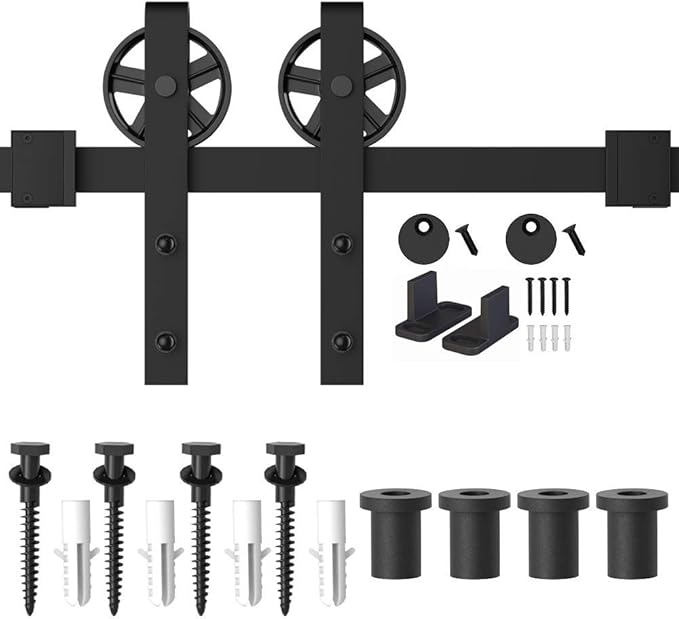 WINSOON 5-16FT Single Wood Sliding Barn Door Hardware Kit 5FT Basic Black Big Spoke Wheel Roller Garage Closet Carbon Steel Flat Track System (5FT)