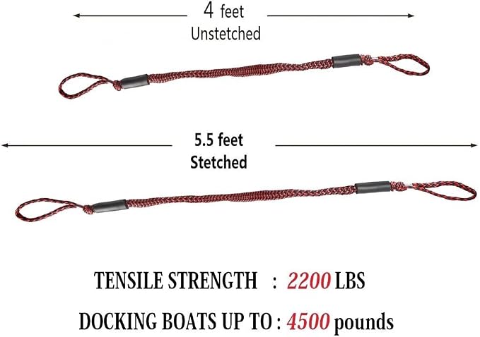 Bungee Dock Lines for Boat Shock Absorb Dock Tie Mooring Rope Boat Accessories 4-5.5 ft,4Pack (Black&Red)
