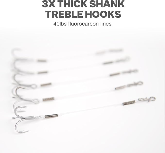Stinger Hooks (12-Packs) for Jig Heads, Quick Snap #6/#8 Trailer Treble Hooks, 10#/40lbs Fluorocarbon Fishing Line - Walleye, Bass