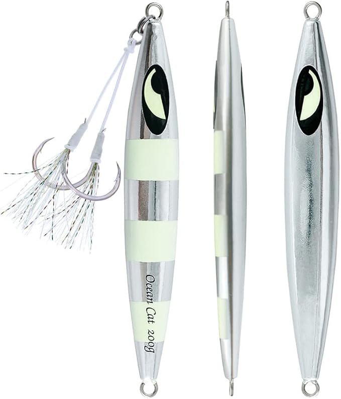 OCEAN CAT Lead Metal Flat Slow Fall Pitch Fishing Jigs Lures Sinking Vertical Jigging Bait with Butterfly Hook for Saltwater Fishing