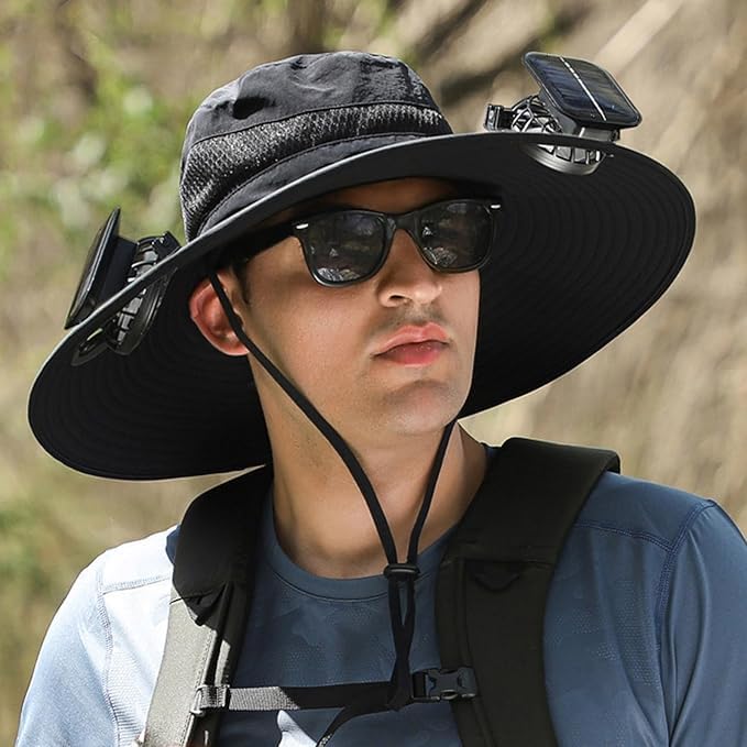 Fishing Hats with Sunglasses, Wide Brim Sun Hat with 2 Solar Fan, USB & Solar Powered Fishing Hats, Solar Fan Hats UPF 50+
