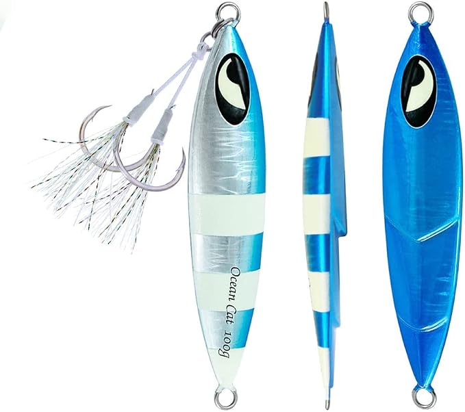 OCEAN CAT Lead Metal Flat Slow Fall Pitch Fishing Jigs Lures Sinking Vertical Jigging Bait with Butterfly Hook for Saltwater Fishing