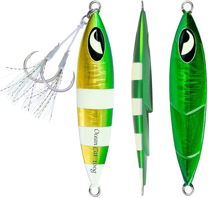 OCEAN CAT Lead Metal Flat Slow Fall Pitch Fishing Jigs Lures Sinking Vertical Jigging Bait with Butterfly Hook for Saltwater Fishing