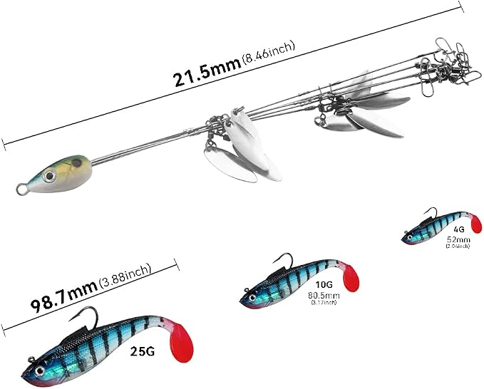 5 Arms Alabama Rig Fishing Lure, Umbrella Rig with Spinner for Striper, A-Rig for Boat Trolling Frashwater/Saltwater, with Soft Swimbait and Hooks for Bass Crappie Walleye Pickerel Trout Perch