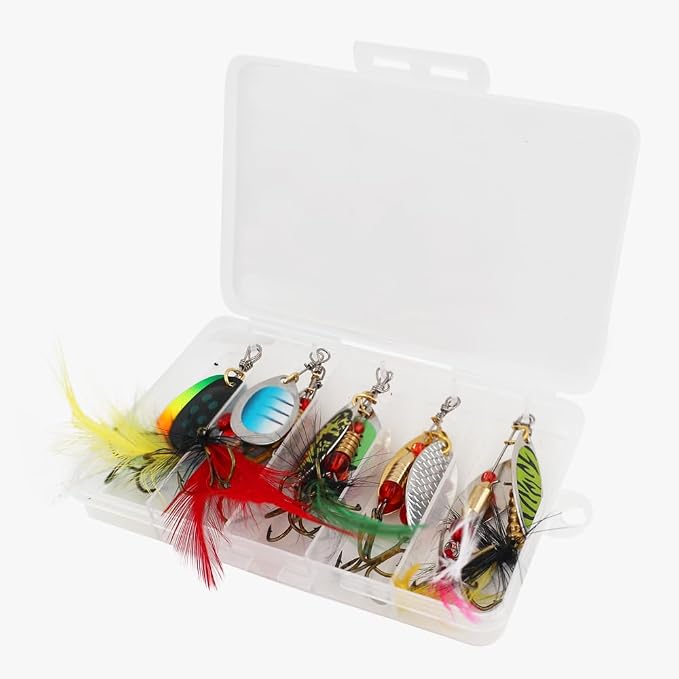 KINGFOREST 12pcs Fishing Lures Spinnerbait for Bass Trout Salmon Walleye Hard Metal Spinner Baits Kit with Tackle Box