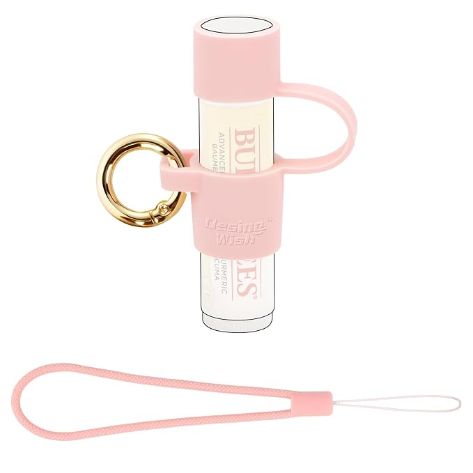 Silicone Chapstick Holder with Cap Cover, 0.6'' Diameter Portable Lip Balm Holder Key Chain Sleeve Chapstick Keychain Holder with Wrist Strap Lanyard - Pink