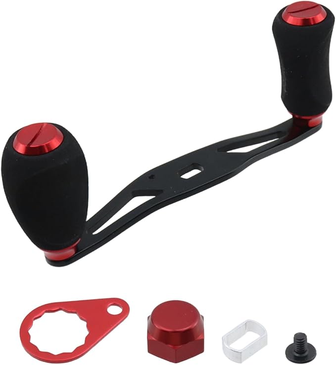 Fishing Reel Handle Red Fishing Baitcasting Handle Rocker Baitcasting Reel Replacement Parts, with EVA Grip Knob and Nut (Black + Red)