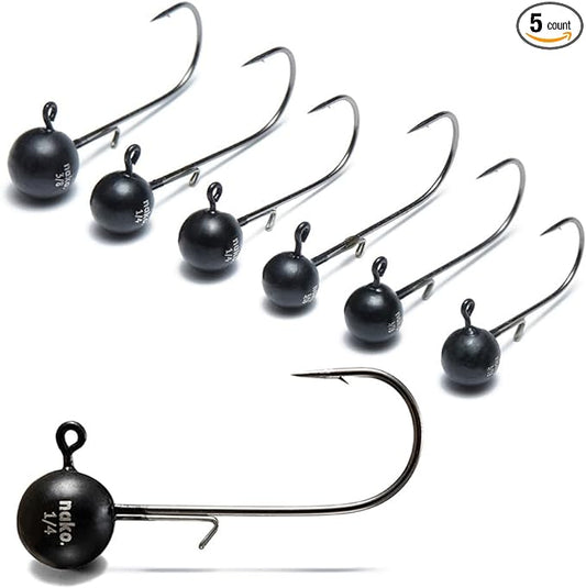 Nako 200% Sensitive Tungsten Ball Jig Heads - 5 Pack - No Chip Black - Tungsten Fishing Jig Heads, 1/32, 1/16, 1/8, 3/16, 1/4, 3/8oz, Damiki Rig Jig Heads