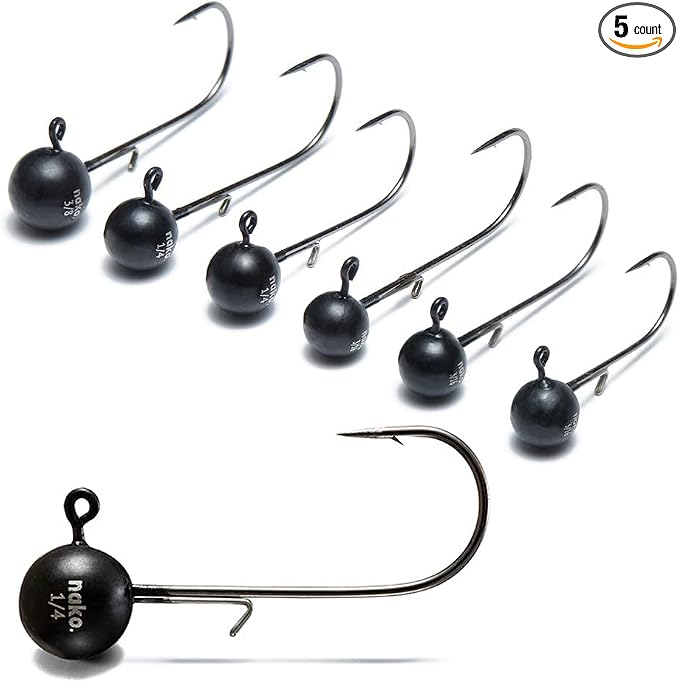 Nako 200% Sensitive Tungsten Ball Jig Heads - 5 Pack - No Chip Black - Tungsten Fishing Jig Heads, 1/32, 1/16, 1/8, 3/16, 1/4, 3/8oz, Damiki Rig Jig Heads