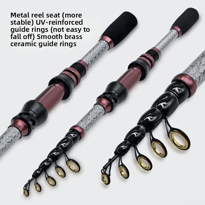 Carbon Telescopic Fishing Rod With Metal Reel Seat And Solid Tip, Equipped With UV Reinforced Guides For Longevity And Line Protection