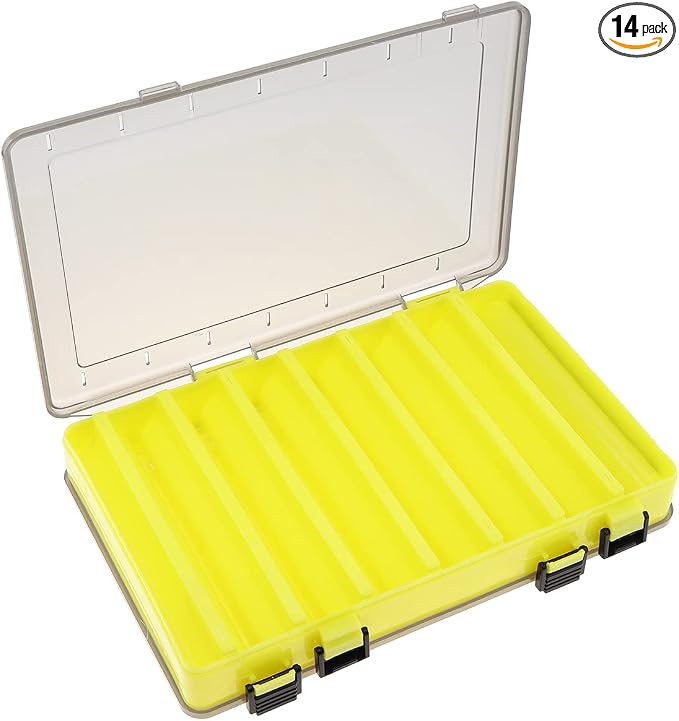 Double Sided 14 Compartments Fishing Tackle Boxes Fishing Lure Box Organizer, Fishing Bait Tackle Storage Case, Container Box for Jewelry Beads Earring Hook (Yellow)