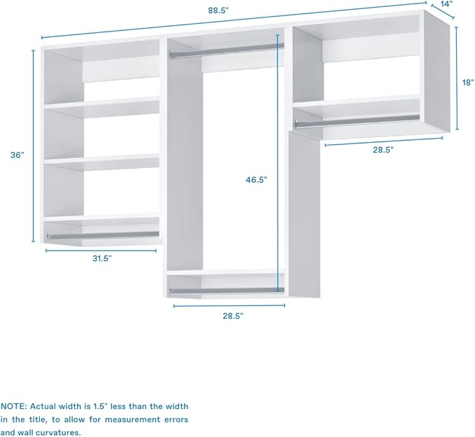 Closet Kit with Hanging Rods - Corner Closet System - Closet Shelves - Closet Organizers and Storage Shelves (White, 90 inches Wide) Closet Shelving