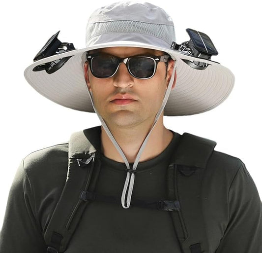 Solar Powered Fan Hat with 2 Removable Fans Wide Brim Sun Hat for Outdoor Fishing, Hiking Gardening, USB Solar Charging